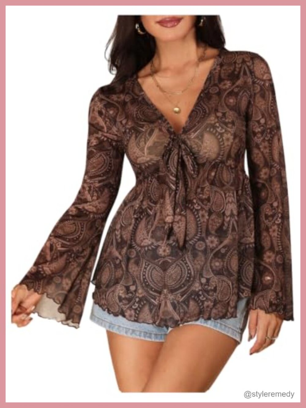 Milumia Women's Paisley Tie Front Peplum Top V Neck Long Sleeve Boho Blouse